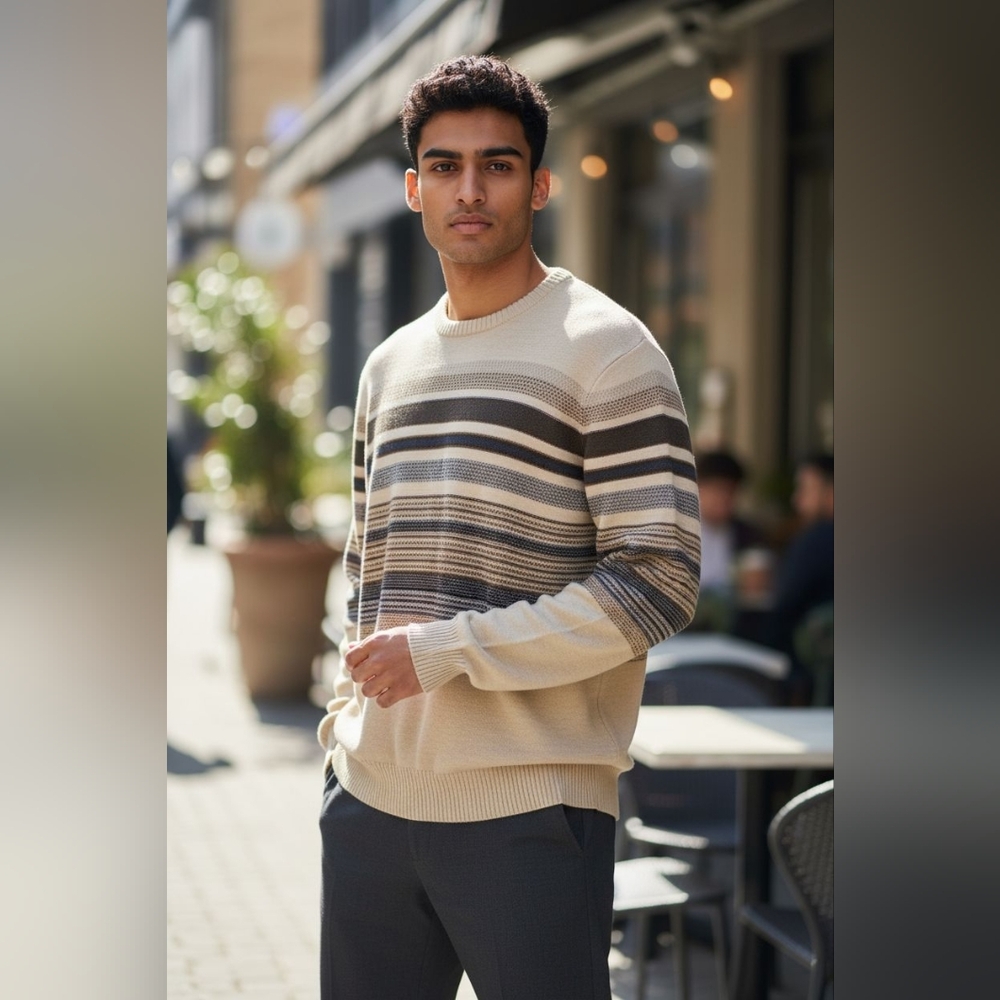 Urban Pipeline Mens Long Sleeve Striped Crew Neck Sweater Size Med Y2K Neutral